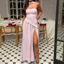 Women Strapless Corset Asymmetrical High Split Flowy Maxi Dresses Evening Gown Wedding Guest Dress with Scarf (S)