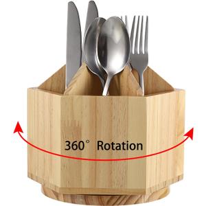 JUXYES Rotating Utensil Holder for Kitchen Countertop, Wood Utensil Organizer with Removable Divider, Rotatable Flatware Caddy Cutlery Holder Silverware Organizer for Kitchen Dining Tables