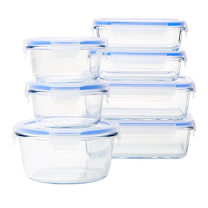 Amazon Basics Leak-Proof Glass Locking Lids Food Storage Containers, 14-Piece Set, 7 Count of Bases and 7 Plastic Lids, Clear, Blue, BPA Free