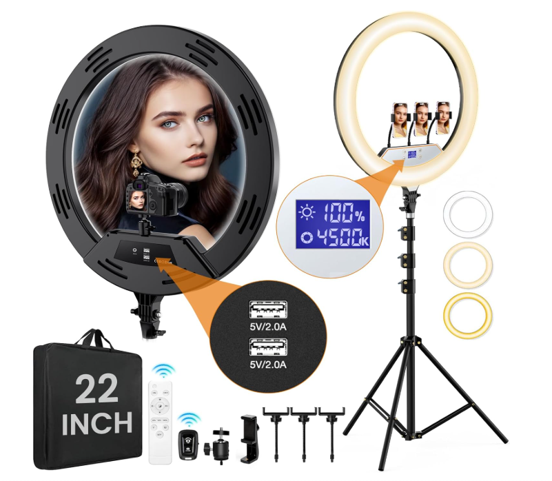 22in Large Ring Light with Stand,512pcs Bulbs Big Ring Light with 75" Tripod for iPhone/LED Display/4 Clips/2 USB Ports,2600K-6500K Dimmable Barber Light,for TikTok Video Recording Tattoo Lash Makeup