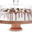 Wooden Cake Stand with Lid, Acacia Cake Stand with Glass Dome, Versatile Dessert Stand with Strong Magnetic Pedestal, Cake Holder for Birthday/Kitchen/Party/Charcuterie (3.1H)
