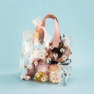 YMASELA Clear Gift Wrap Bag with Handles (9.8X9.1X5.5'',2pcs)Heavy Duty Plastic Waterproof Gift Packing Bag for Party, Reusable Merchandise Retail Transparent PVC Shopping Tote Bags for Package Candy (pink)