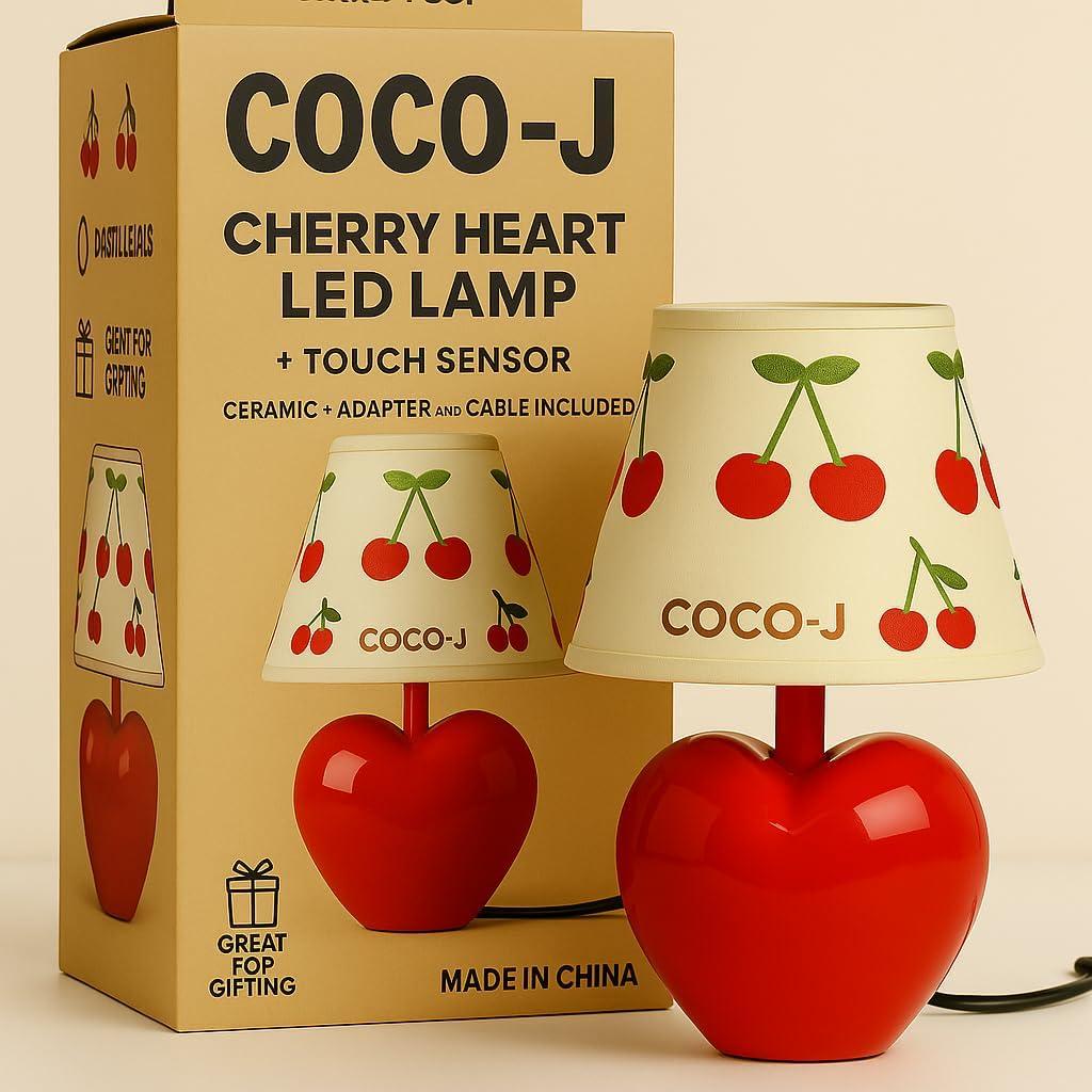 COCO-J Heart Cherry Lamp, Cute Room Decor Light, Touch Dimmable LED Table Lamp, Ceramic Cherry & Heart Aesthetic Bedroom Lamp for Home Decor, Kids Room Decor, Teens & Adults, Kawaii Red Light & Gift