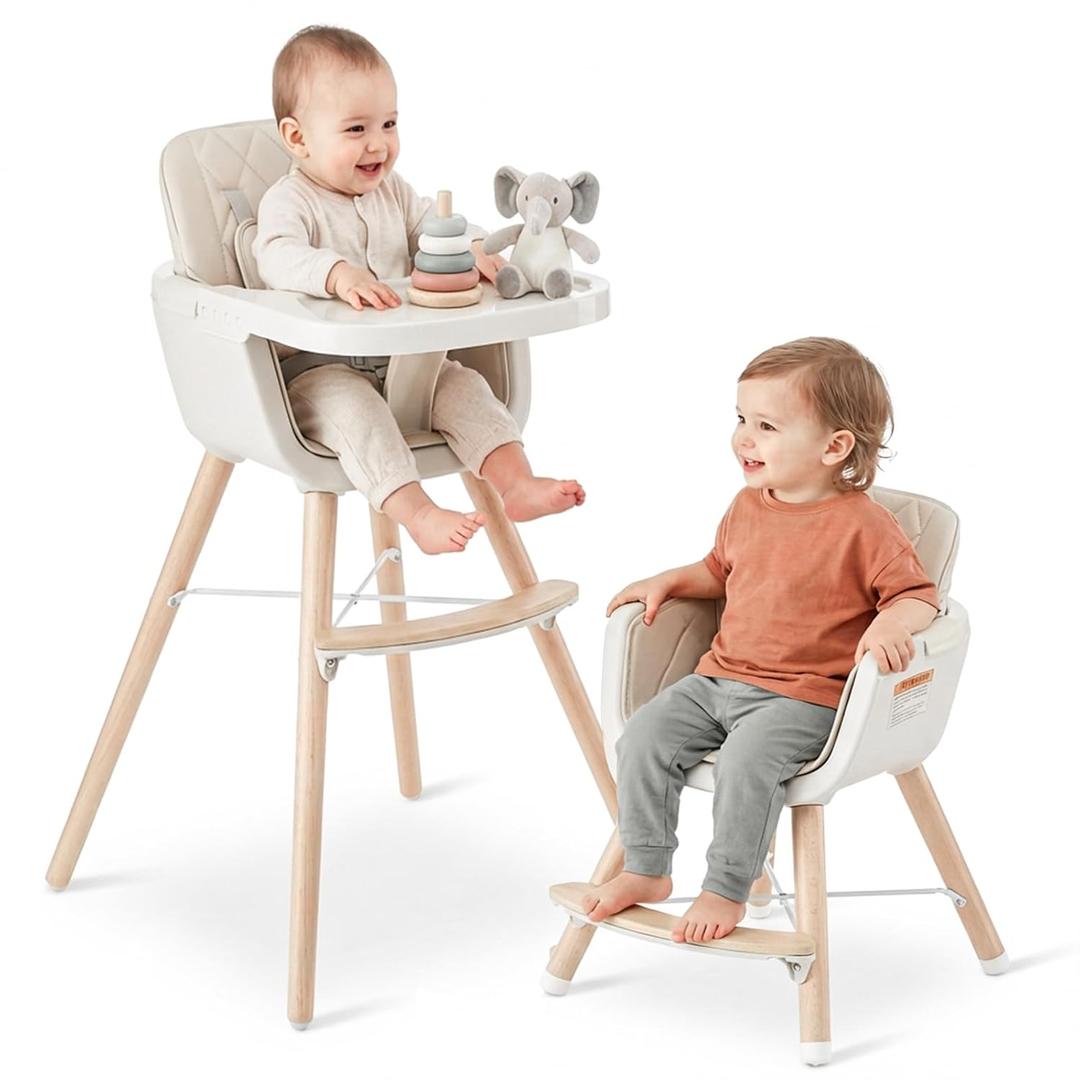 Mallify 3-in-1 Wooden High Chair, Convertible High Chairs for Babies and Toddlers, Baby Highchair with Adjustable Legs & Dishwasher-Safe Tray, Sleek Hardwood & Premium PU Cushion, Beige