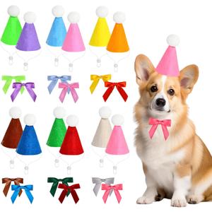 2 x 12pcs Mini Party Hat & Bow Tie Set, Assorted Color Matching Hats with Bow Ties for Dog Cat Rabbit Stuffed Animals, Birthday Costume Decorations for Puppies Kittens