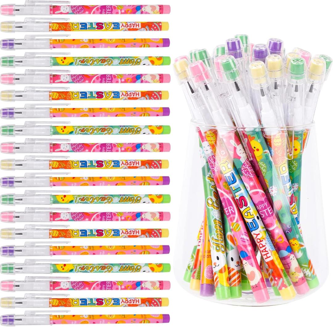 Kolewo4ever 48pcs HB Easter Pencils Translucent Pencil Multipoint Pencil Multicolor Non Sharpening Stackable Pencils Pop Up Plastic Pencils Rabbit, Egg Printed Easter Day Elements Pencils