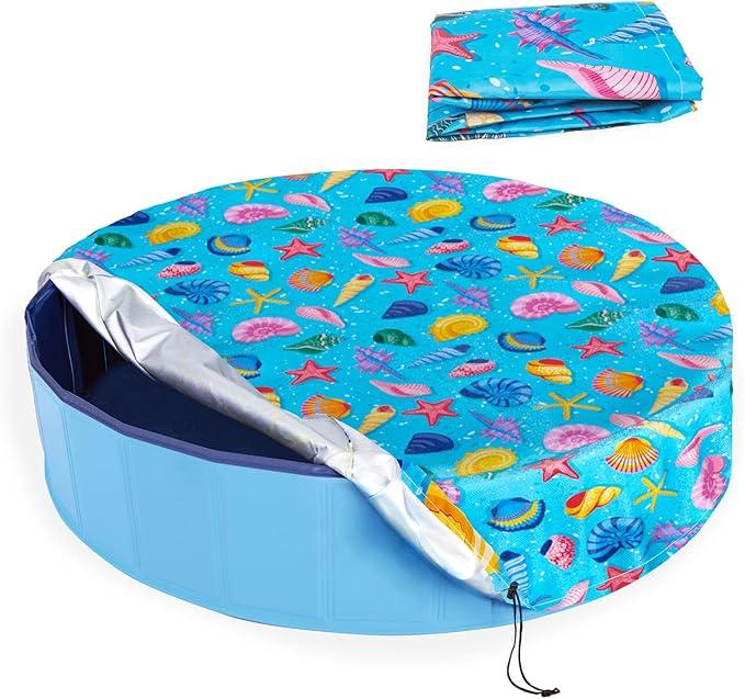 Docuwee Round Dog Pool Cover 63"(5ft), Foldable Kiddie Solar Cover Fit Dog Collapsible Swimming Pool, Pets Kids Bath Tub, AntiUV Dust-proof Safety Pool Covers, Starfish Patterns