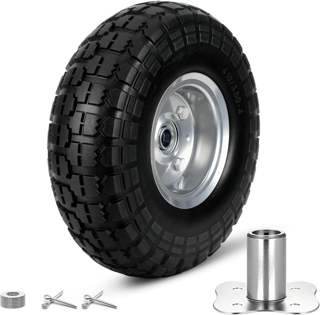 4.10/3.50-4 Tire Wheels Flat Free, 10 inch Solid Rubber Tire Wheels with 5/8'' Double Sealed Bearings, 2.2" Offset Hub, Perfect for Hand Truck Dolly Garden Trailer Gorilla Carts, 1 Pack