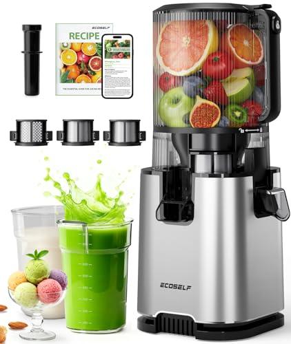 ECOSELF Cold Press Juicer with 3 Filters (For Juice/Sorbet/Nut Milk), Juicer Machines With Wide Mouth Hopper, Self Feeding & Hands-Free Design, Juicer for Family Party, With Pusher, Light Gray