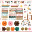 Fuutreo 63 Pcs Affirmation Station Bulletin Board Set Motivational Posters Paper Fans Positive Accents Cutouts Classroom Decor for School Office Home Teacher Wall Supply (Boho)