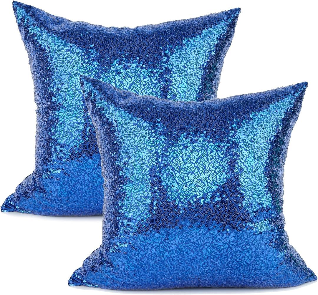 YOUR SMILE Pack of 2, New Luxury Series Solid Color Decorative Glitzy Sequin & Comfy Satin Throw Pillow Cover Cushion Case for Wedding/Christmas (Royal Blue, 18"x18")