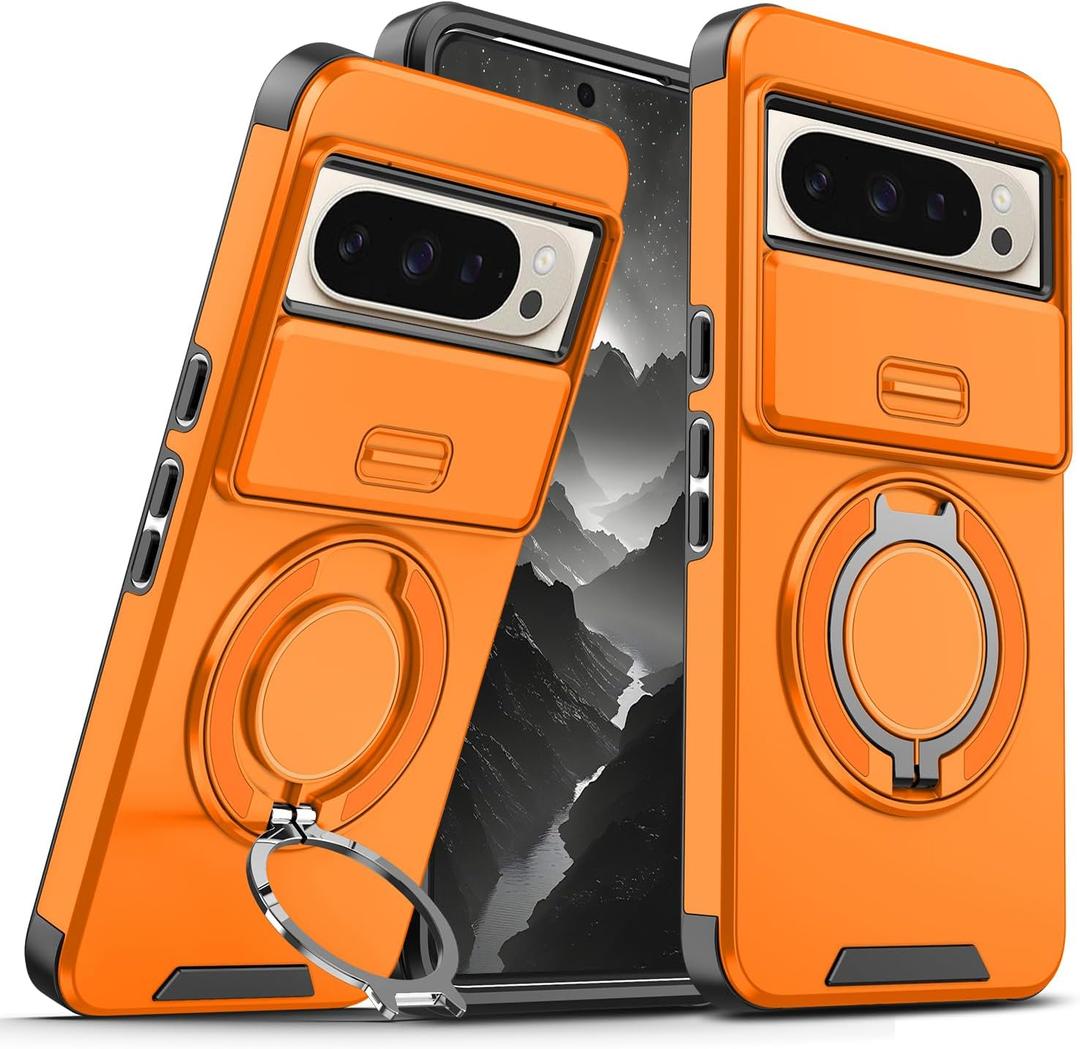 for Google Pixel 10 Pro XL Case with Slide Camera Cover and Rotating Kickstand Ring, Slim Magnetic Accessories Shockproof Phone Case for Google Pixel 10 Pro XL (Orange)