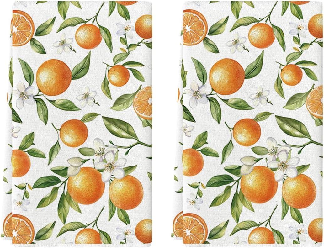 Artoid Mode Fruit Orange Summer Kitchen Towels Dish Towels, 18x26 Inch Farmhouse Flowers Decoration Hand Towels Set of 2