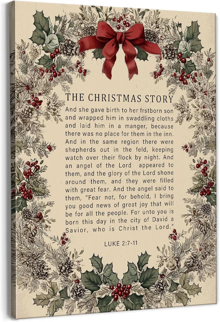 PQKIY Vintage Christian Christmas Wall Art,Religious Nativity Bible Verse Scripture Xmas Decor,Christmas Berry Wreath Holiday Wall Art for Farmhouse Home Bedroom Living Room,11x14 Inch