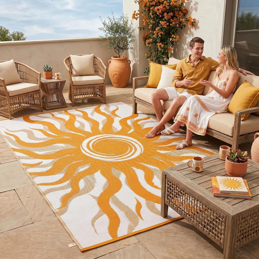 Garvee Outdoor Rug 9x12 Waterproof Patio Rugs with Boho Sun Pattern, Reversible Plastic Straw Camping Rugs Outdoor Indoor RV Mat Carpet for Deck, Backyard, Picnic, Porch, Balcony, Beach, Orange