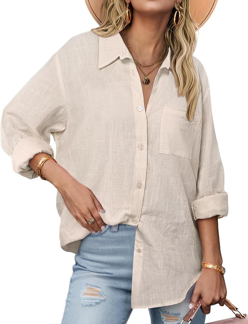 Zeagoo Womens Button Down Shirts Long Sleeve Cotton Gauze Tops Casual Collared Blouses Loose Fit (Small, Khaki)