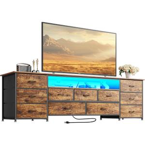Huuger 70 Inch TV Stand for 75, 80 Inch TV, 11 Drawer Long Dresser with Power Outlets and LED Lights, Entertainment Center with Storage, Rustic Brown Dresser with Printed Surface