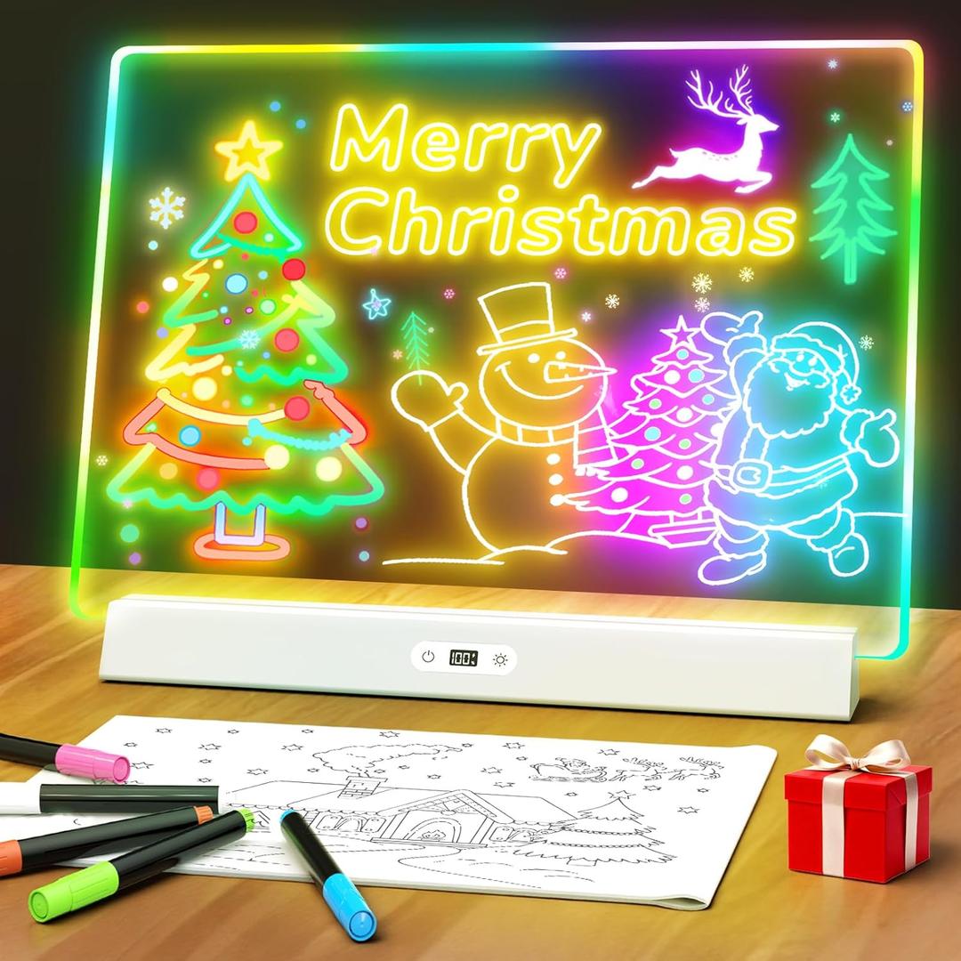 LED Note Board with Colors, Rechargeable 17-Inch Doodle Glow 9-Mode Light Up Desk Sign Letter Message Memo Drawing Dry Erase Board for Classroom/Home Decor/Office/Gifts, 5 Markers (White+clear)