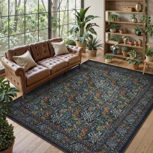 Collive 8x10 Area Rugs for Living Room, Washable Boho Vintage Floral William Morris Botanical Large Rug, Soft Non Slip Low Pile Stain Resistant Carpet for Bedroom Dining Room Office, Teal
