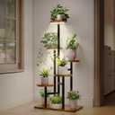 6 Tier Plant Stand with Full Spectrum Grow Lights, 39IN Tall Metal Wood Shelf Holder for Indoor Wheel Plant Display Rack for Potted Plants,Flower Pot Stand for Corner Living Room Balcony Garden Patio