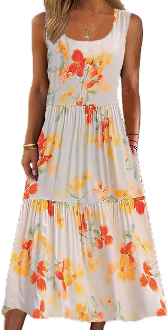 Womens Cotton Boho Floral Flowy Maxi Sundresses Sleeveless Casual Loose Summer Beach Vacation Swing Dress (Large, Bohemian 02)
