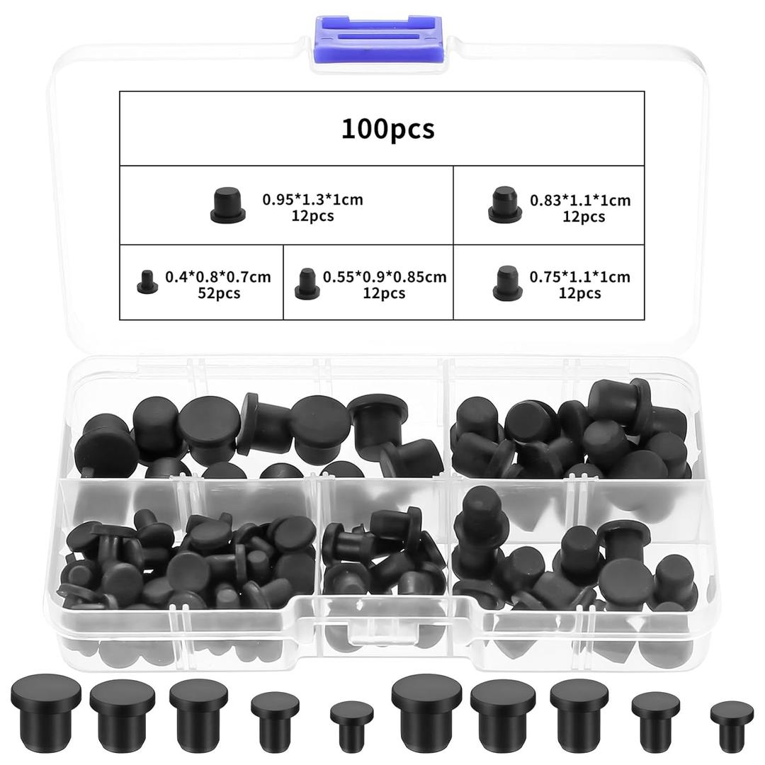 100 Pcs Rubber Plugs for Round Holes, Waterproof Silicone Hole PlugsRubber Stoppers PlugsRubber Plugs for Holes Assorted Sizes for Pipes Test Tubes Bottles(5 Sizes, Black)