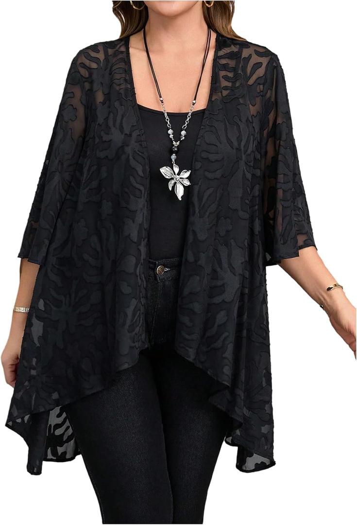 OYOANGLE Women's Plus Size Lace Sheer Open Front Cardigan Lightweight 3/ 4 Sleeve Ruffle Kimono Outerwear Black X-Large Plus
