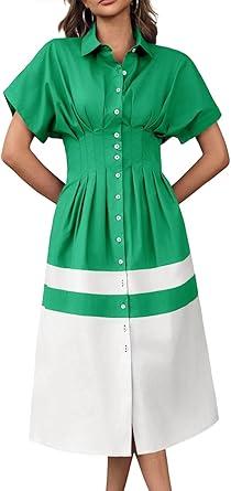 Wenrine Womens Summer Button Down Shirt Dress Casual Color Block V Neck Short Sleeve Corset Maxi Dresses Size M