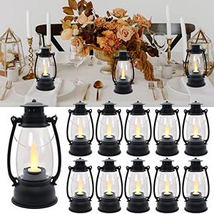 LLQ Mini Decorative Lanterns - 12pcs with Flicker Candles, Hanging Lanterns for Home & Wedding Decor, Table Centerpiece, Battery Included, Black