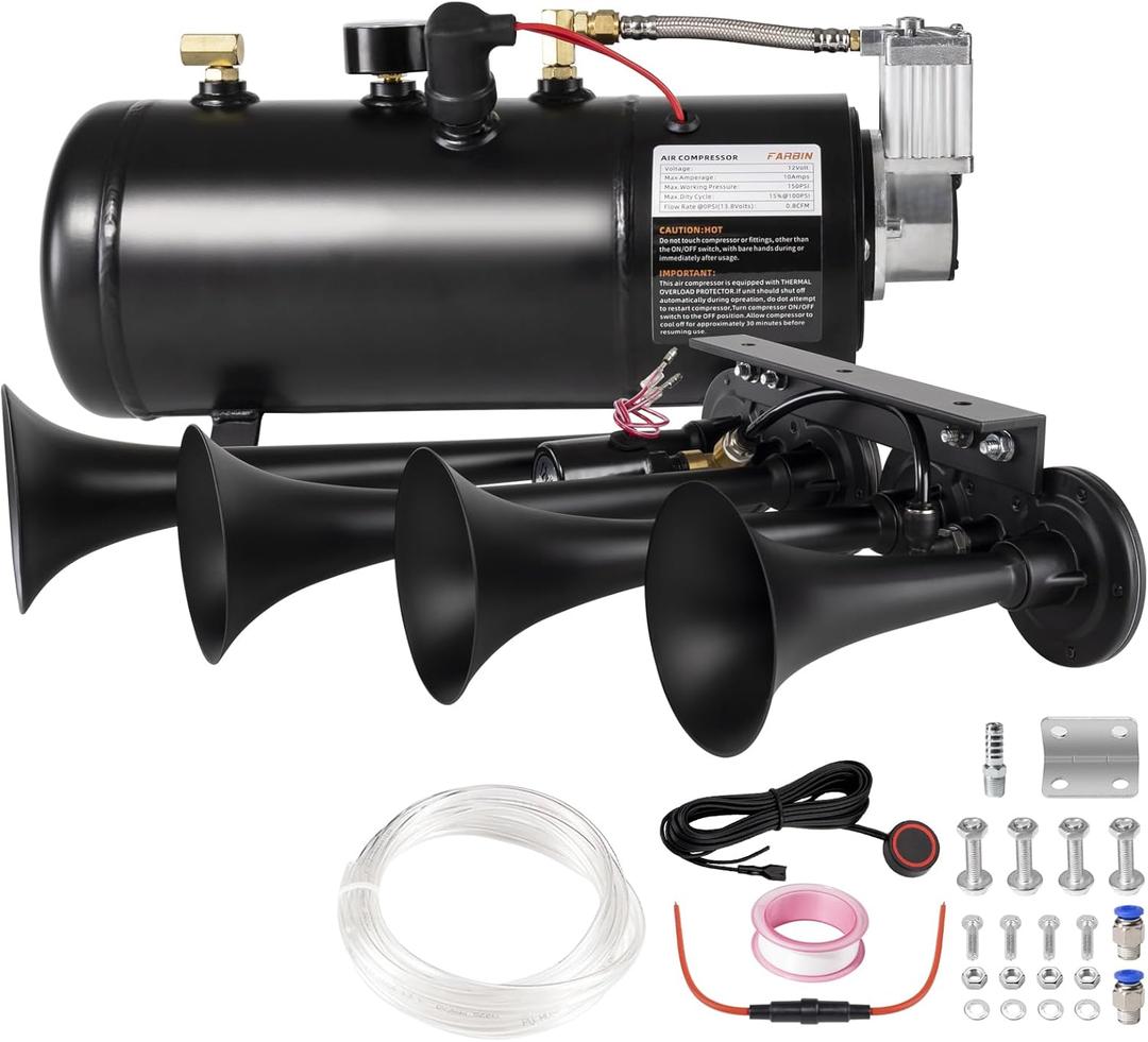 Super Loud Train Horns Kit,180dB Four Trumpet Truck Horns with 150 PSI Air Tank,12V Air horn with 0.8 gallon Air Compressor Can for Truck, Jeep,Pickup,SUV (Black truck parallel horn kit)