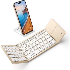 Samsers Foldable Bluetooth Keyboard with Touchpad - Portable Wireless Keyboard with Holder, Rechargeable Full Size Ultra Slim Pocket Folding Keyboards for Android Windows iOS Tablet & Laptop - Gold