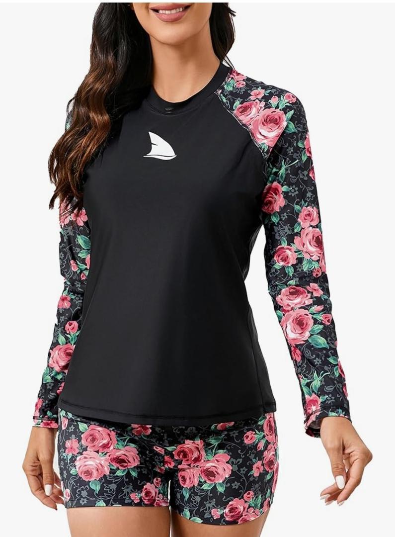 Womens Long Sleeve Two Piece Rash Guard with Built in Bra Swim Shirts with Shorts UPF50+ Quick Dry Swimsuit Large, Black Floral