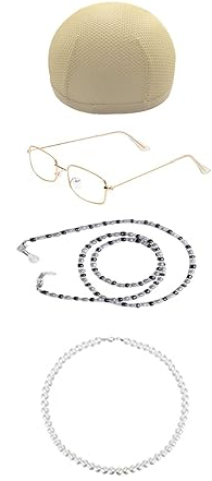 Old Lady Costume Set Grandma  Cap Madea Granny Glasses Eyeglass Chains Cords Faux Pearl Bead Necklace Cosplay Set 4 Pieces