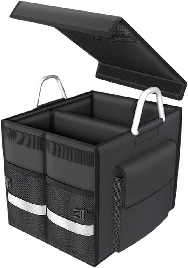 55L Car Trunk Organizer with Reflective Stripes.1680D Polyester Folding Car Organizer with Reinforced Handles, Folding and Multi-Compartment, Storage for SUV, Truck, Sedan (Black, 28L)