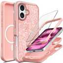 Coolwee Full Protective for iPhone 16 Plus Case, Compatible with MagSafe, for Women Girls, Hybrid 3 Layers Heavy Duty Rugged Shockproof for iPhone 16 Plus Case Rose Gold Bling, Pink Glitter