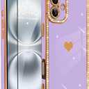 for iPhone 16 Case Cute Love Heart Plating for Women, with Screen Protector, Glitter Sparkle Rhinestone Diamond Border Design Slim Rectangle Wireless Protection Case Cover, Purple
