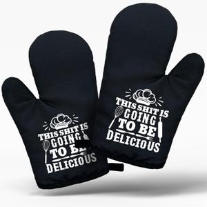 Funny Women Men Cooking and Baking BBQ Kitchen Gadgets with Heat Resistant Silicone Non-Slip, This Sxxt is Going to be Delicious Oven Mitts Set of 2, Gifts for Bake Lover Mom Dad Friends Chef