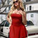 GOKATOSAU Women's Strapless Tube Ruched Waist Cute A Line Flowy Ruffle Hem Mini Dress Red, (Red, M)