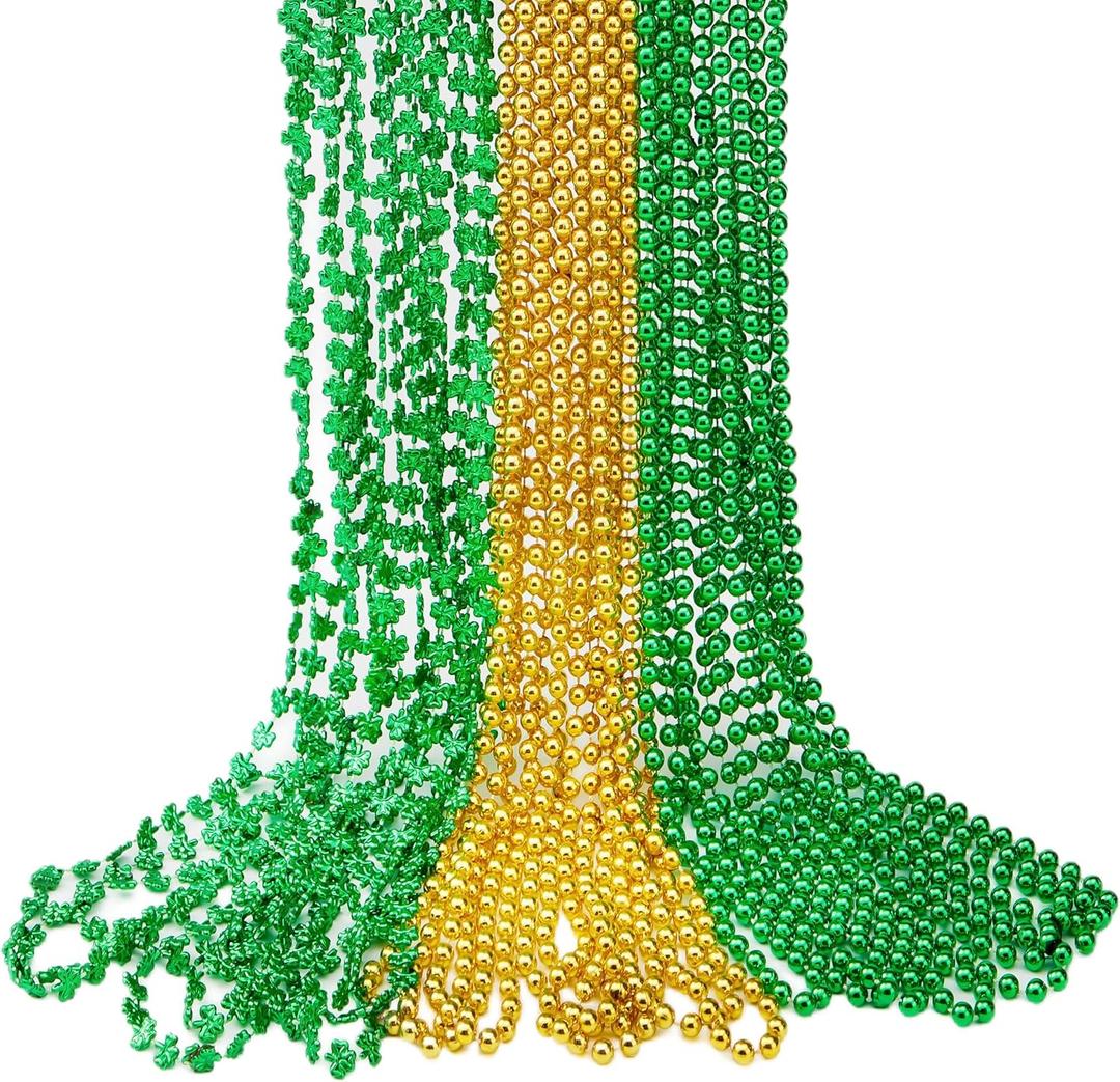 JOYIN 24 PCS St. Patricks Day Necklace Set, 8 Green and 8 Gold Bead Necklaces and 8 Green Shamrock Bead Necklaces, St Patrick Accessory Set, Irish Carnival Dress Up Party Favor Supplies