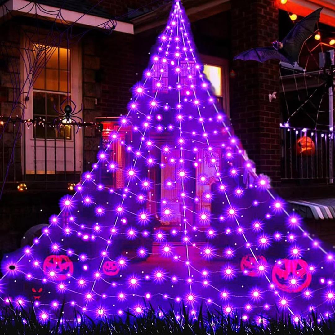 Halloween Decorations Spider Web Lights, 404 LED 16Ft*14Ft Purple Giant Led Spider Web Light with 8 Modes Purple Spider Web Lights for Patio, Garden, Haunted House Dcor
