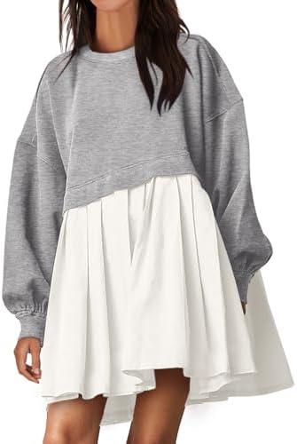 ANRABESS Women Sweatshirts Dress Oversized Long Sleeve Patchwork Casual Loose Pleated Pullover Mini Dress Fall Outfits 2025 Small