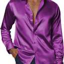 PJ PAUL JONES Men's Shiny Satin Dress Shirts Long Sleeve Button Down Silk Shirt with Bow Tie (Medium, Purple)