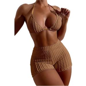 COZYEASE Women's 2 Piece Swimsuits Halter Triangle Top with High Waisted Shorts Bathing Suits Bikini Sets (Medium, Brown)