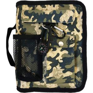 Green Camo Medium Book and Bible Cover for Men with Compass Carabiner Camouflage Book Supplement for Women Case