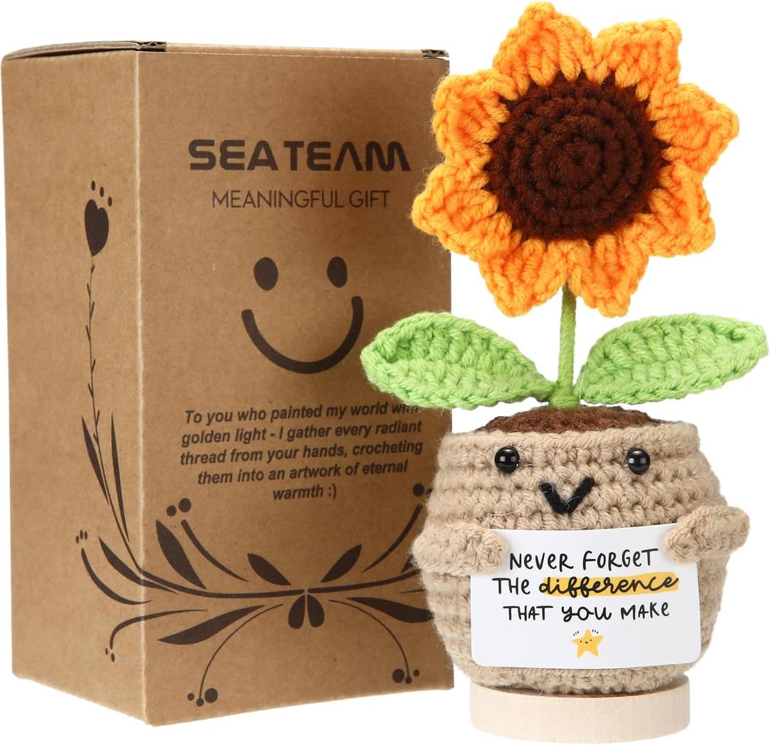 Sea Team Handmade Positive Sunflower Crochet Doll with Emotional Support Card, Knitted Artificial Flower, Christmas Decoration, Appreciation Thank You Gift for Teacher, Mentor, Coworker, Nurse