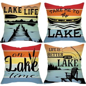 Lake Life Boat Paddle Decorative Throw Pillow Covers 18x18 Set of 4, on Lake Time Lakehouse Rainbow Stripes Porch Outdoor Home Decor, Fishing Rod Chair Spring Summer Farmhouse Couch Cushion Case