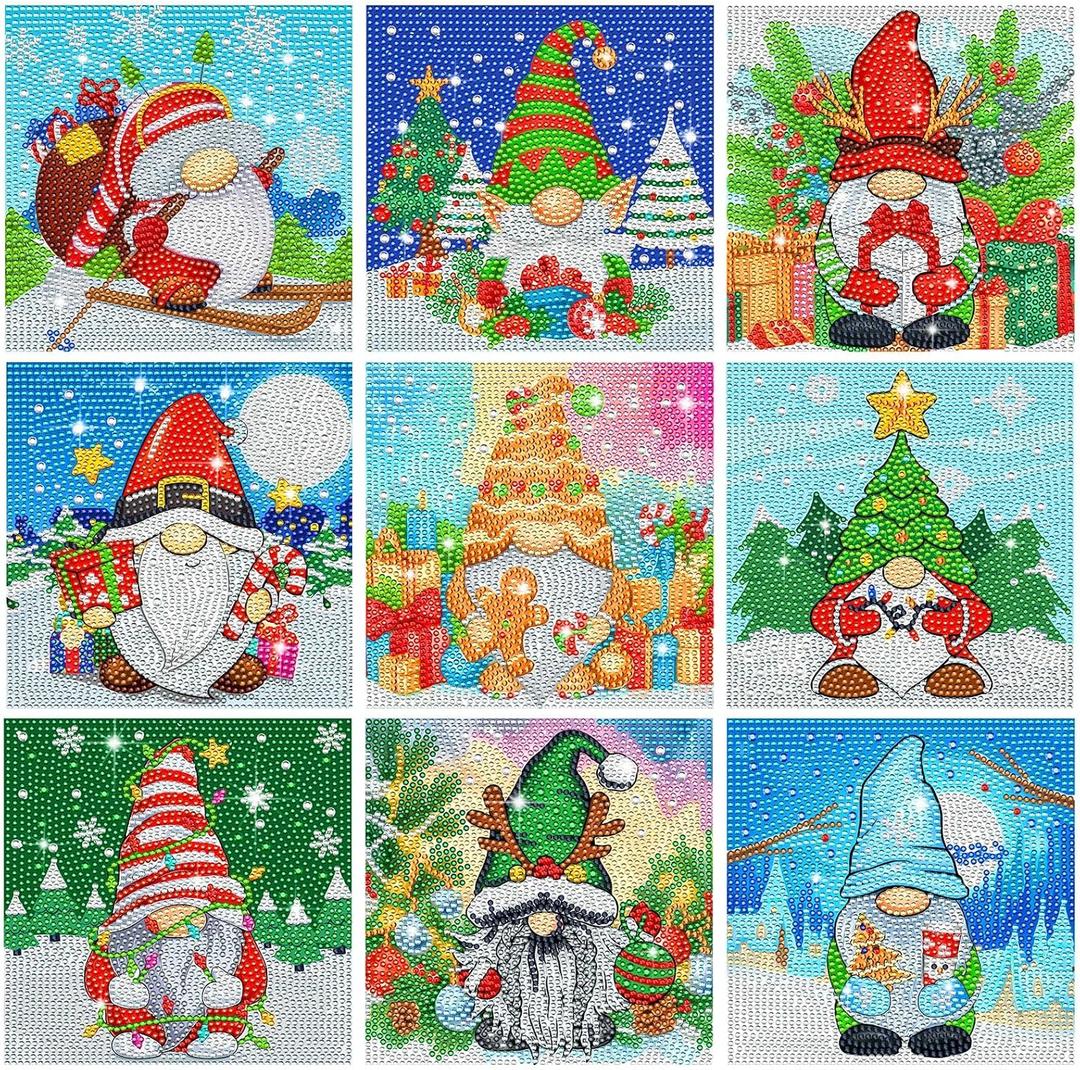 TecUnite 9 Pcs Christmas Diamond Painting Art Gnome Diamond Painting Kit for Beginners DIY Rhinestone Gem Crafts for Home Wall Decor 6 x 6 Inch (Classical)