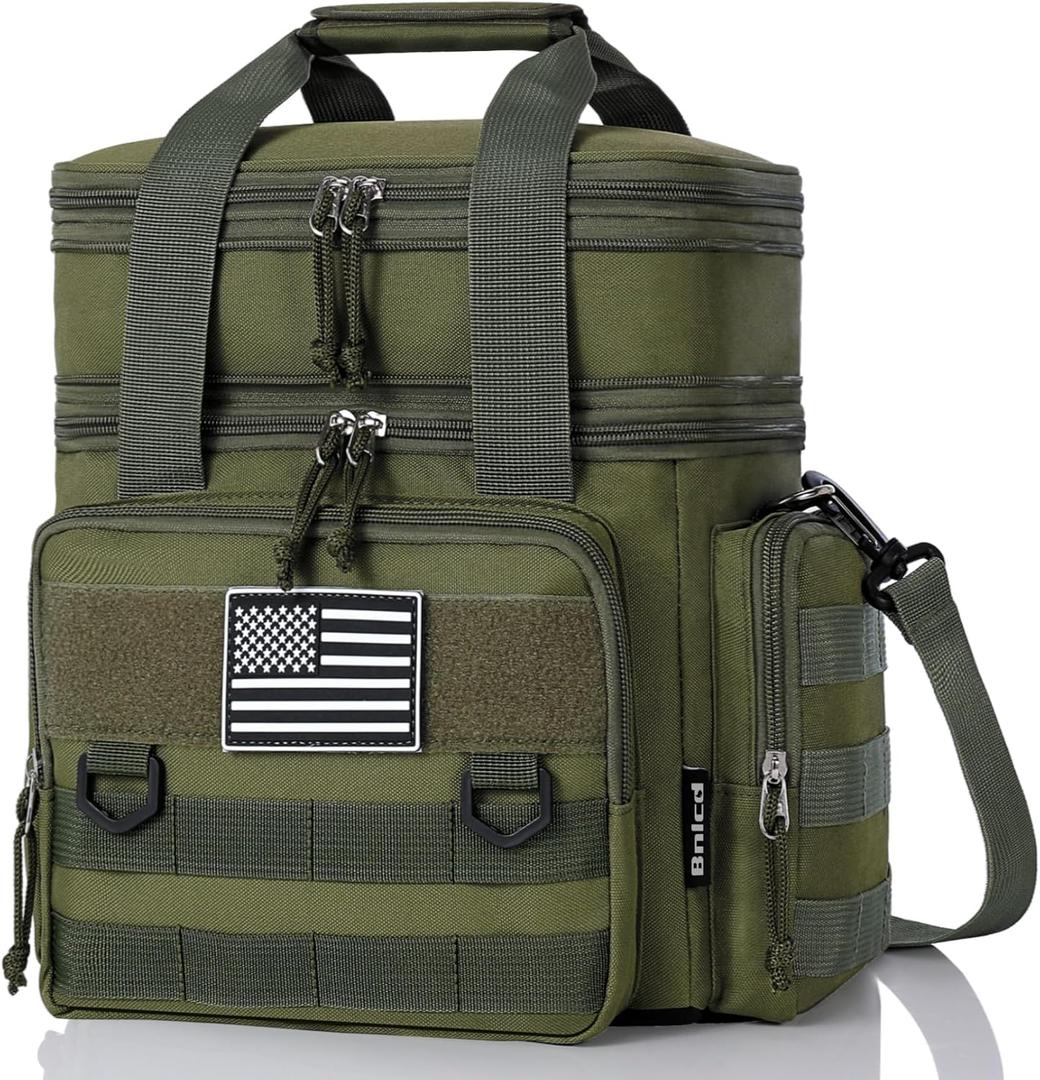 Tactical Lunch Box for Men, Expandable Large Insulated Lunch Bag for Adult, Heavy Duty Double Deck Lunch Cooler Bag with Shoulder Strap, Leakproof Soft Lunch Pail with American Flag - Green (16L)