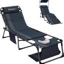 KingCamp 400LBS Lounge Chair with Face Hole & Canopy Shade, Blue/Grey | Folding Portable Tanning Chair with Pinch-Proof Safety Design, Adjustable 5-Position, For Beach Patio Outdoor Pool