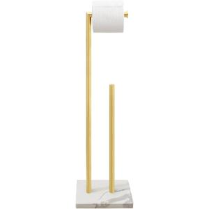 Brushed Gold Toilet Paper Stand Holder with Shelf, Marble Design Base Free Standing Toilet Paper Roll Holder with 2 Dispenser SUS 304 Stainless Steel Reserve, Storage 5 Rolls